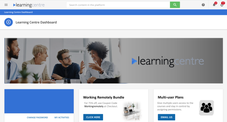 Image of the Learning Centre LMS dashboard by Training Company